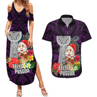 Guam Christmas Couples Matching Summer Maxi Dress and Hawaiian Shirt Santa Gift Latte Stone and Sea Turle Mix Hibiscus Chamorro Pink Style LT03 Pink - Polynesian Pride