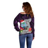 Guam Christmas Off Shoulder Sweater Santa Gift Latte Stone and Sea Turle Mix Hibiscus Chamorro Pink Style LT03 - Polynesian Pride