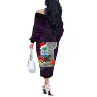 Guam Christmas Off The Shoulder Long Sleeve Dress Santa Gift Latte Stone and Sea Turle Mix Hibiscus Chamorro Pink Style LT03 - Polynesian Pride
