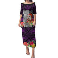 Guam Christmas Puletasi Santa Gift Latte Stone and Sea Turle Mix Hibiscus Chamorro Pink Style LT03 Long Dress Pink - Polynesian Pride