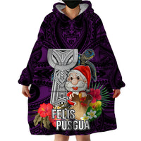 Guam Christmas Wearable Blanket Hoodie Santa Gift Latte Stone and Sea Turle Mix Hibiscus Chamorro Pink Style LT03 - Polynesian Pride