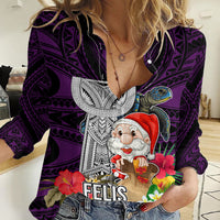 Guam Christmas Women Casual Shirt Santa Gift Latte Stone and Sea Turle Mix Hibiscus Chamorro Pink Style LT03 Female Pink - Polynesian Pride