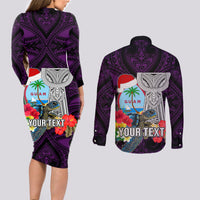 Custom Guam Christmas Couples Matching Long Sleeve Bodycon Dress and Long Sleeve Button Shirt Santa Gift Latte Stone and Sea Turle Mix Hibiscus Chamorro Pink Style LT03 - Polynesian Pride