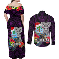Custom Guam Christmas Couples Matching Off Shoulder Maxi Dress and Long Sleeve Button Shirt Santa Gift Latte Stone and Sea Turle Mix Hibiscus Chamorro Pink Style LT03 - Polynesian Pride
