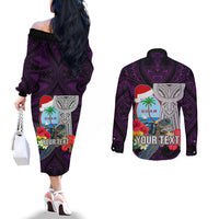 Custom Guam Christmas Couples Matching Off The Shoulder Long Sleeve Dress and Long Sleeve Button Shirt Santa Gift Latte Stone and Sea Turle Mix Hibiscus Chamorro Pink Style LT03 - Polynesian Pride