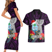 Custom Guam Christmas Couples Matching Short Sleeve Bodycon Dress and Hawaiian Shirt Santa Gift Latte Stone and Sea Turle Mix Hibiscus Chamorro Pink Style LT03 - Polynesian Pride