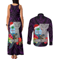 Custom Guam Christmas Couples Matching Tank Maxi Dress and Long Sleeve Button Shirt Santa Gift Latte Stone and Sea Turle Mix Hibiscus Chamorro Pink Style LT03 - Polynesian Pride