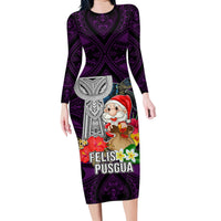 Custom Guam Christmas Family Matching Long Sleeve Bodycon Dress and Hawaiian Shirt Santa Gift Latte Stone and Sea Turle Mix Hibiscus Chamorro Pink Style LT03 Mom's Dress Pink - Polynesian Pride