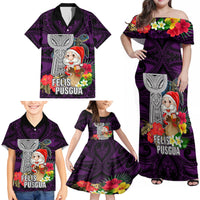 Custom Guam Christmas Family Matching Off Shoulder Maxi Dress and Hawaiian Shirt Santa Gift Latte Stone and Sea Turle Mix Hibiscus Chamorro Pink Style LT03 - Polynesian Pride