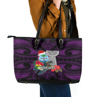 Custom Guam Christmas Leather Tote Bag Santa Gift Latte Stone and Sea Turle Mix Hibiscus Chamorro Pink Style LT03 - Polynesian Pride