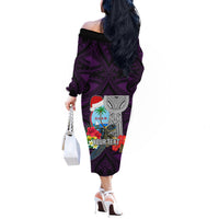 Custom Guam Christmas Off The Shoulder Long Sleeve Dress Santa Gift Latte Stone and Sea Turle Mix Hibiscus Chamorro Pink Style LT03 - Polynesian Pride