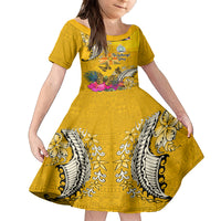 Niue Waitangi Family Matching Off Shoulder Short Dress and Hawaiian Shirt Tropical Flower Tapa Pattern LT03 Daughter's Dress Yellow - Polynesian Pride