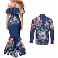 Hawaiian Turtles and Tropical Plants Couples Matching Mermaid Dress and Long Sleeve Button Shirt Blue Watercolor LT03 - Polynesian Pride