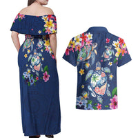 Hawaiian Turtles and Tropical Plants Couples Matching Off Shoulder Maxi Dress and Hawaiian Shirt Blue Watercolor LT03 - Polynesian Pride