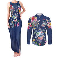 Hawaiian Turtles and Tropical Plants Couples Matching Tank Maxi Dress and Long Sleeve Button Shirt Blue Watercolor LT03 Blue - Polynesian Pride