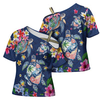 Hawaiian Turtles and Tropical Plants Cross Shoulder Shirt Blue Watercolor