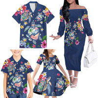 Hawaiian Turtles and Tropical Plants Family Matching Off The Shoulder Long Sleeve Dress and Hawaiian Shirt Blue Watercolor LT03 - Polynesian Pride