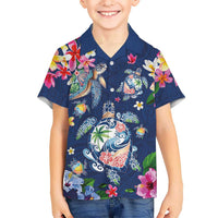 Hawaiian Turtles and Tropical Plants Family Matching Puletasi and Hawaiian Shirt Blue Watercolor LT03 Son's Shirt Blue - Polynesian Pride