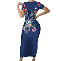 Hawaiian Turtles and Tropical Plants Family Matching Short Sleeve Bodycon Dress and Hawaiian Shirt Blue Watercolor LT03 Mom's Dress Blue - Polynesian Pride