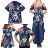 Hawaiian Turtles and Tropical Plants Family Matching Summer Maxi Dress and Hawaiian Shirt Blue Watercolor LT03 - Polynesian Pride