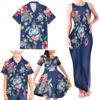 Hawaiian Turtles and Tropical Plants Family Matching Tank Maxi Dress and Hawaiian Shirt Blue Watercolor LT03 - Polynesian Pride