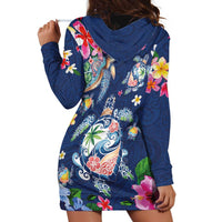 Hawaiian Turtles and Tropical Plants Hoodie Dress Blue Watercolor