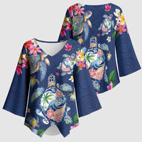 Hawaiian Turtles and Tropical Plants Kimono Sleeve Blouse Blue Watercolor