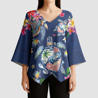 Hawaiian Turtles and Tropical Plants Kimono Sleeve Blouse Blue Watercolor