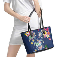 Hawaiian Turtles and Tropical Plants Leather Tote Bag Blue Watercolor