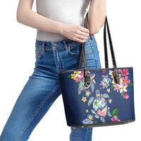 Hawaiian Turtles and Tropical Plants Leather Tote Bag Blue Watercolor