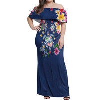 Hawaiian Turtles and Tropical Plants Off Shoulder Maxi Dress Blue Watercolor