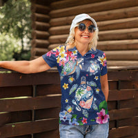 Hawaiian Turtles and Tropical Plants Women Polo Shirt Blue Watercolor