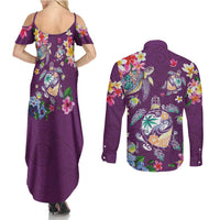 Hawaiian Turtles and Tropical Plants Couples Matching Summer Maxi Dress and Long Sleeve Button Shirt Purple Watercolor LT03 - Polynesian Pride