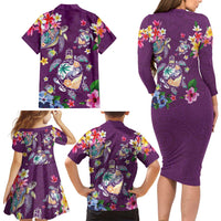 Hawaiian Turtles and Tropical Plants Family Matching Long Sleeve Bodycon Dress and Hawaiian Shirt Purple Watercolor LT03 - Polynesian Pride
