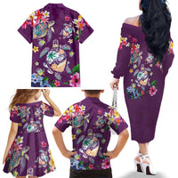 Hawaiian Turtles and Tropical Plants Family Matching Off The Shoulder Long Sleeve Dress and Hawaiian Shirt Purple Watercolor LT03 - Polynesian Pride