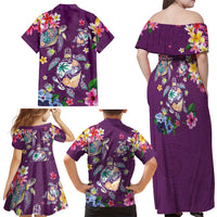Hawaiian Turtles and Tropical Plants Family Matching Off Shoulder Maxi Dress and Hawaiian Shirt Purple Watercolor LT03 - Polynesian Pride