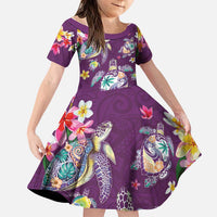 Hawaiian Turtles and Tropical Plants Family Matching Off Shoulder Short Dress and Hawaiian Shirt Purple Watercolor LT03 Daughter's Dress Purple - Polynesian Pride