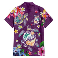 Hawaiian Turtles and Tropical Plants Family Matching Off Shoulder Short Dress and Hawaiian Shirt Purple Watercolor LT03 - Polynesian Pride