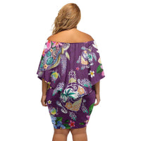 Hawaiian Turtles and Tropical Plants Family Matching Off Shoulder Short Dress and Hawaiian Shirt Purple Watercolor LT03 - Polynesian Pride
