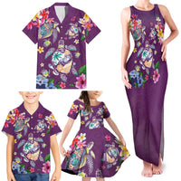 Hawaiian Turtles and Tropical Plants Family Matching Tank Maxi Dress and Hawaiian Shirt Purple Watercolor LT03 - Polynesian Pride