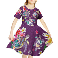 Hawaiian Turtles and Tropical Plants Kid Short Sleeve Dress Purple Watercolor