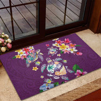 Hawaiian Turtles and Tropical Plants Rubber Doormat Purple Watercolor