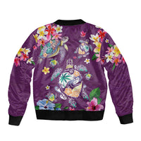 Hawaiian Turtles and Tropical Plants Sleeve Zip Bomber Jacket Purple Watercolor