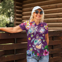 Hawaiian Turtles and Tropical Plants Women Polo Shirt Purple Watercolor LT03 - Polynesian Pride