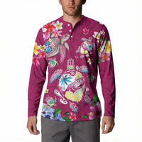Hawaiian Turtles and Tropical Plants Button Sweatshirt Pink Watercolor