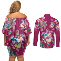 Hawaiian Turtles and Tropical Plants Couples Matching Off Shoulder Short Dress and Long Sleeve Button Shirt Pink Watercolor LT03 - Polynesian Pride