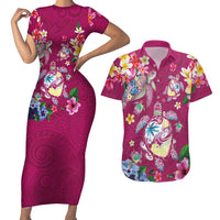 Hawaiian Turtles and Tropical Plants Couples Matching Short Sleeve Bodycon Dress and Hawaiian Shirt Pink Watercolor LT03 Pink - Polynesian Pride