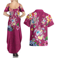 Hawaiian Turtles and Tropical Plants Couples Matching Summer Maxi Dress and Hawaiian Shirt Pink Watercolor LT03 - Polynesian Pride