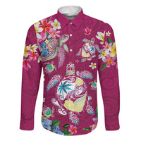 Hawaiian Turtles and Tropical Plants Family Matching Off Shoulder Maxi Dress and Hawaiian Shirt Pink Watercolor LT03 Dad's Shirt - Long Sleeve Pink - Polynesian Pride