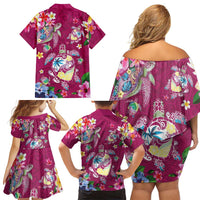Hawaiian Turtles and Tropical Plants Family Matching Off Shoulder Short Dress and Hawaiian Shirt Pink Watercolor LT03 - Polynesian Pride